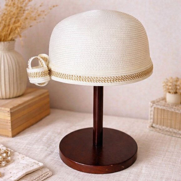 White Pillbox Hat Gold Trim Bow VTG August Accessories Church Derby Fascinator main image 9